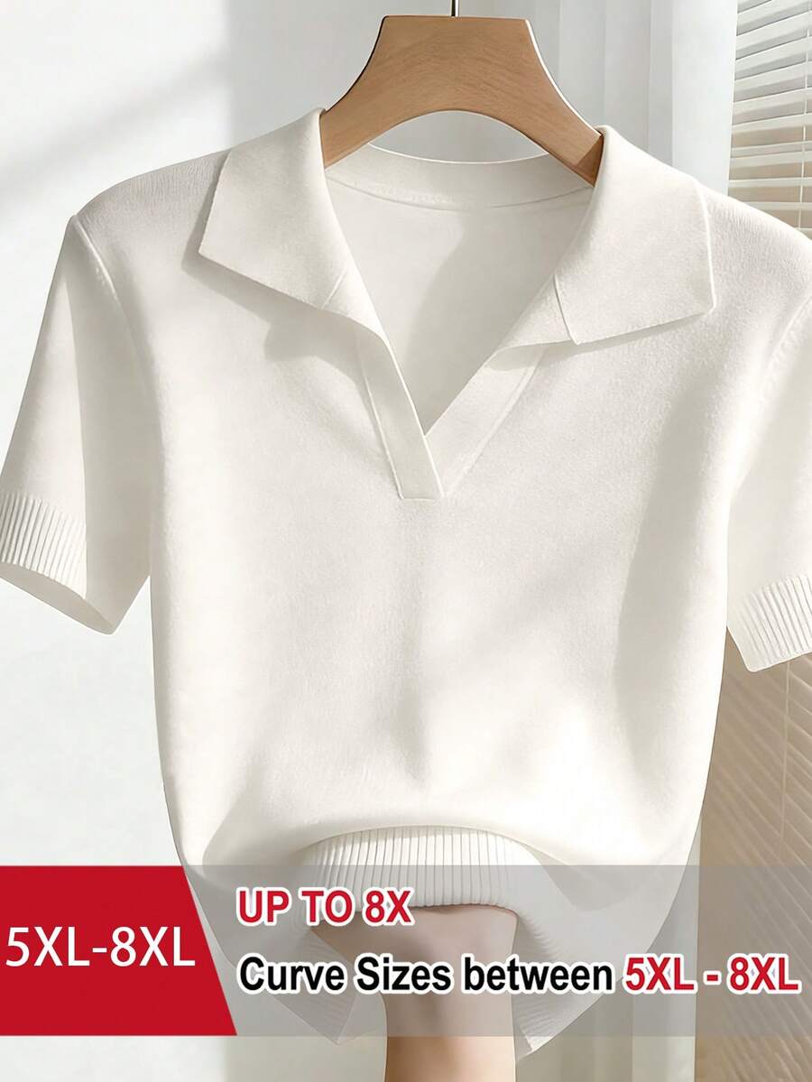 SHEIN CURVE+ 女士春夏白色简约日常翻领插肩短袖休闲纯色修身针织上衣,大码 - 白色 - 查看 1