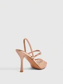 CUCCOO SZL Women's Nude Slingback Pumps With Pointed Toe Rhinestone Mesh Upper And High Stiletto Heel For Party - Champagne - View 3