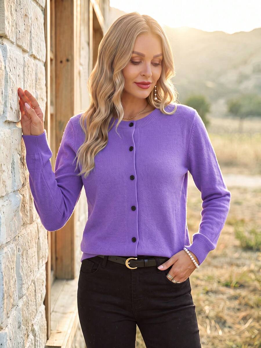 EMERY ROSE Cárdigan casual de mujer de cuello redondo de unicolor para uso diario, tops de manga larga - Morado - Ver 1