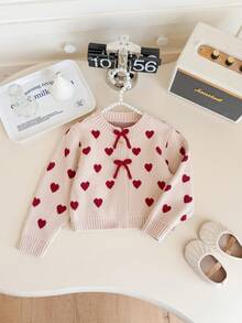 SHEIN Young Girls Cardigans Knit Autumn/Winter Heart Pattern Fitted Round Neck Sweater Jacket - Khaki - View 1