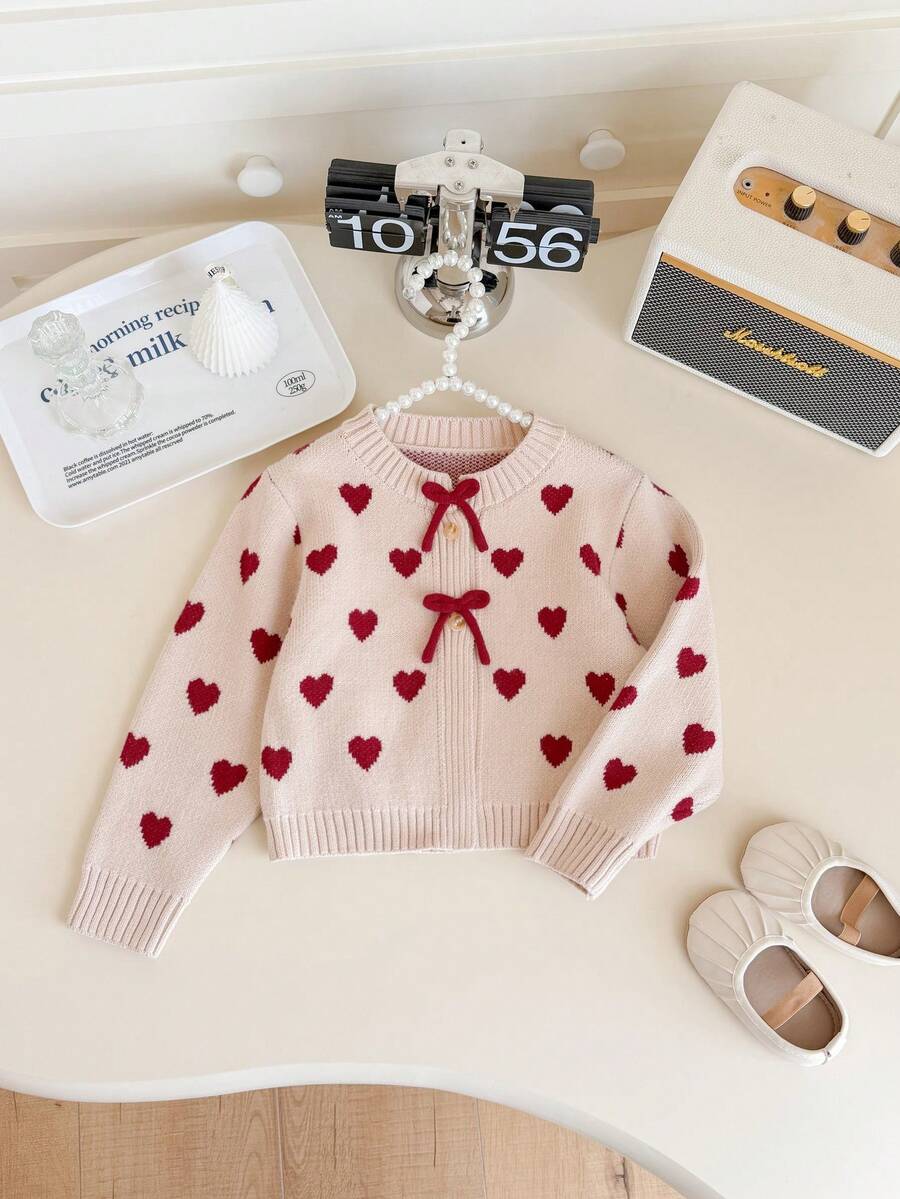 SHEIN Young Girls Cardigans Knit Autumn/Winter Heart Pattern Fitted Round Neck Sweater Jacket - Khaki - View 1