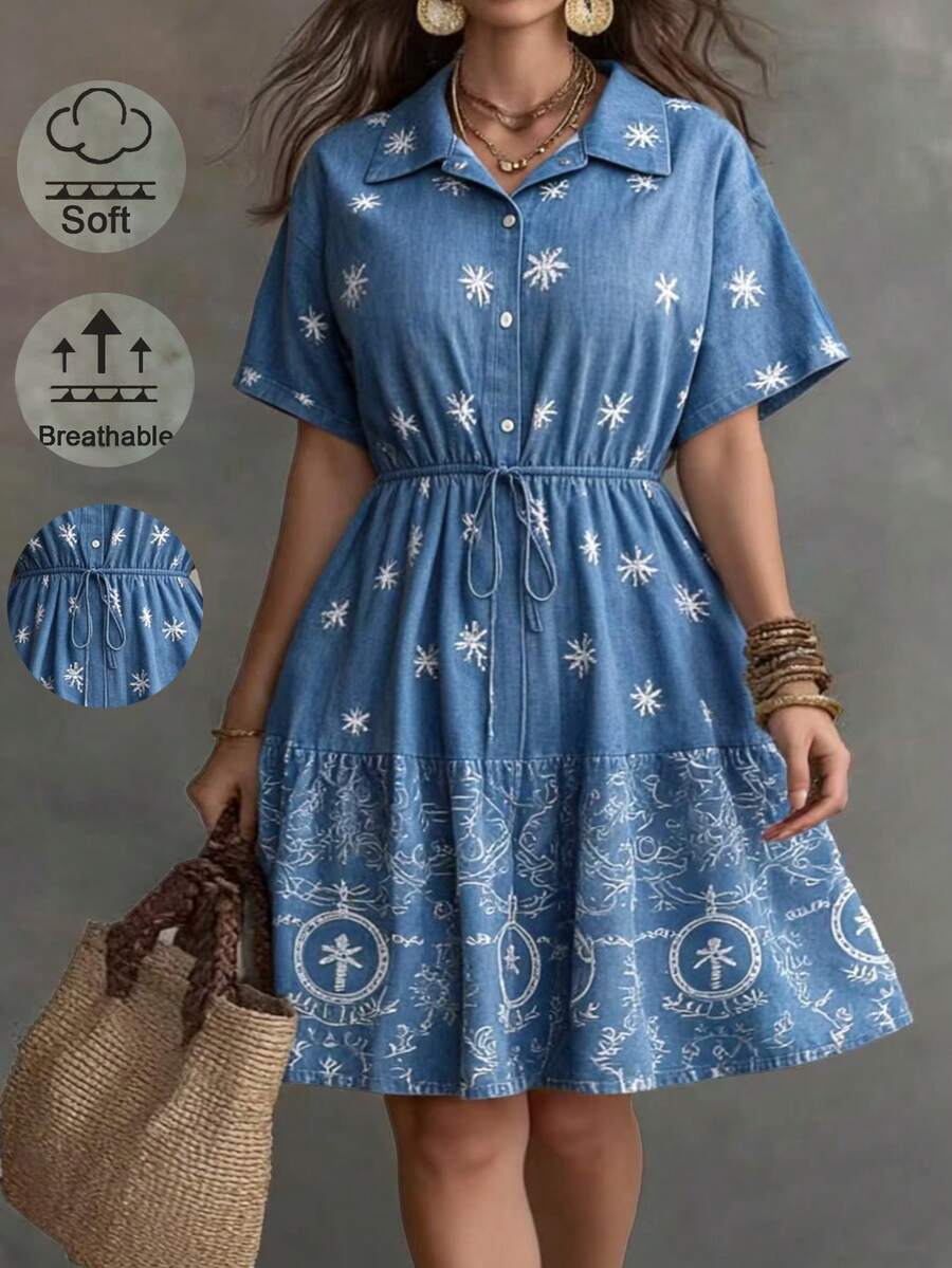Linhara CURVE Plus-Size Loose-Fitting Casual Shirt-Style Dress With Rich Details - Blue - View 1