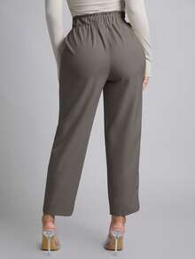 SHEIN PETITE Spring Women Belted Tapered Leg Pants ,Petite Women - Light Grey - View 2