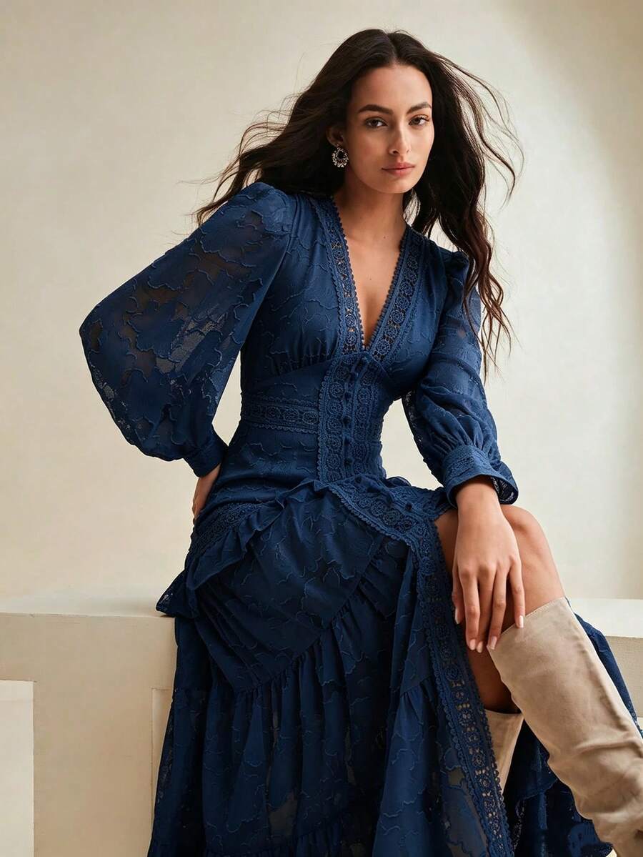 Anewsta V-Neck Puff Sleeve Cinched Waist Elegant Dress Maxi Women Outfit - Royal Blue - View 1