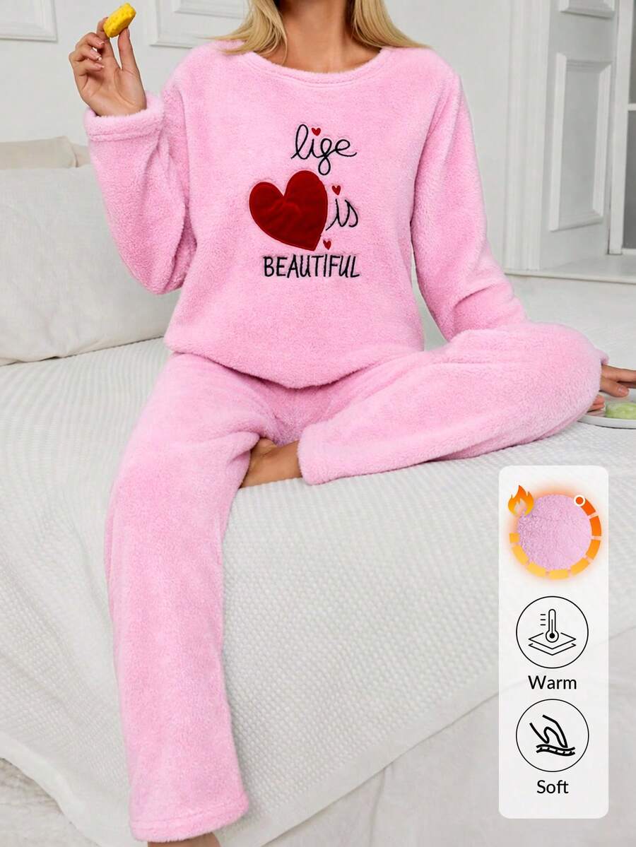 SHEIN Pink Fuzzy Plush Heart Applique Embroidery Long Sleeve Homewear Pajama Set