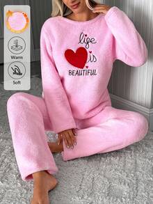 SHEIN Pink Fuzzy Plush Heart Applique Embroidery Long Sleeve Homewear Pajama Set - Pink - View 4