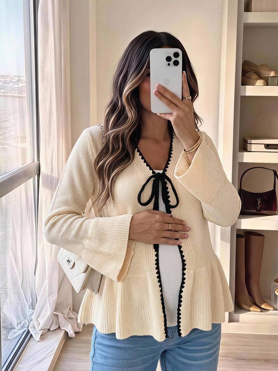SHEIN Maternity V-Neck Contrast Trim Bow Tie Ruffle Hem Casual Long Sleeve Cardigan,Autumn Outfit For Women Winter - Khaki - View 1
