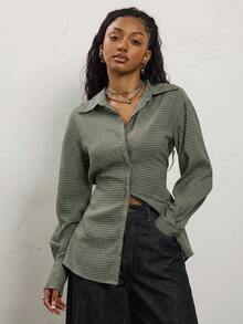 COUREZ Long Sleeve Cinched Shirt In Grid Check / Fall Tops Y2K Green Fall Cute Autumn Clothes For Women Outfits Rave Club Outfits For Women Going Out Tops - Army Green - View 5