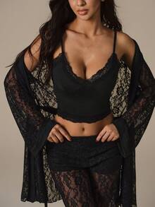 Lumalex 3pcs Sexy Lace Robe, Sweetheart Collar Camisole & Lace Pants Women Sleepwear Set - Black - View 1