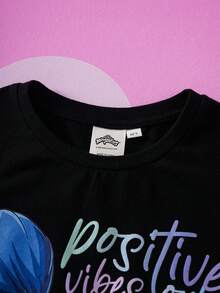 Miraculous Ladybug X SHEIN Set med rundhalsad kortärmad t-shirt med tecknad karaktärstryck och byxor med bokstavstryck för tween-flickor - Svart - Visa 4