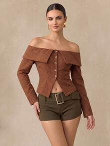 Almamuse Ruffle Off-Shoulder Fitted Waist Vintage French Elegant Blouse, Autumn - Coffee Brown - View 1