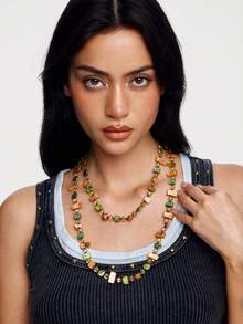 Kryxie 1pc Vintage Bohemian Style Colorful Shell Beaded Double Layer Long Necklace Sweater Chain Suitable For Women Beach - Multicolor - View 4