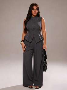 Rustia Plus Size Women Summer Thin Waist-Cinched Chinese-Style Suit Set - Grey - View 3