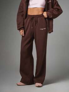 MISSGUIDED Wide Leg Jogger Sweatpants With Drawstring Waist And Script Logo Print Cosy Casual Athleisure Full Length Trousers Autumn Winter Work Dark Brown - Coffee Brown - View 2