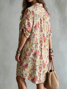 Ceyna Plus Size Women's French Casual Elegant Loose Floral Print Mid-Sleeve Dress - Apricot - View 2