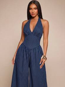 Radiana Plus Size Women's Sexy Elegant Sophisticated Slim Fit Navy Blue Striped Halter Neck Jumpsuit, Suitable For Commuting, Meetings, Office, Siren, Vintage - Navy Blue - View 6