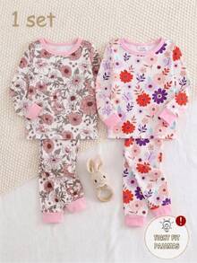 Baby Girl Comfortable Soft High Elasticity Rayon Fabric Multi-Color Floral All-Over Print Long Sleeve Crew Neck Leggings Pajama Set - Multicolor - View 1
