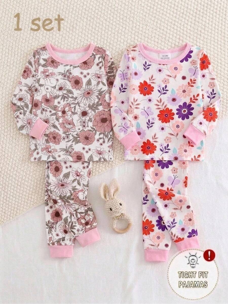 Baby Girl Comfortable Soft High Elasticity Rayon Fabric Multi-Color Floral All-Over Print Long Sleeve Crew Neck Leggings Pajama Set - Multicolor - View 1