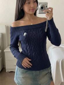 SHEIN Teen Girl Teen Girl Autumn/Winter Embroidered Twisted Crew Neck Long Sleeve Pullover Sweater, Navy Blue - Royal Blue - View 2
