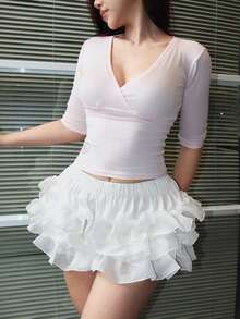 Kawaii ROMWE X Isabelle Nguyen Spring/Summer Women's Sweet Solid Color Layered Ruffle Hem Shorts, Summer - White - View 4