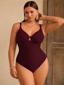 Swim Chiccia 大尺碼女款純色特殊面料鋼圈式連身泳衣，適合海灘派對度假，夏季性感優雅酒紅色 - 酒紅色 - 查看 4