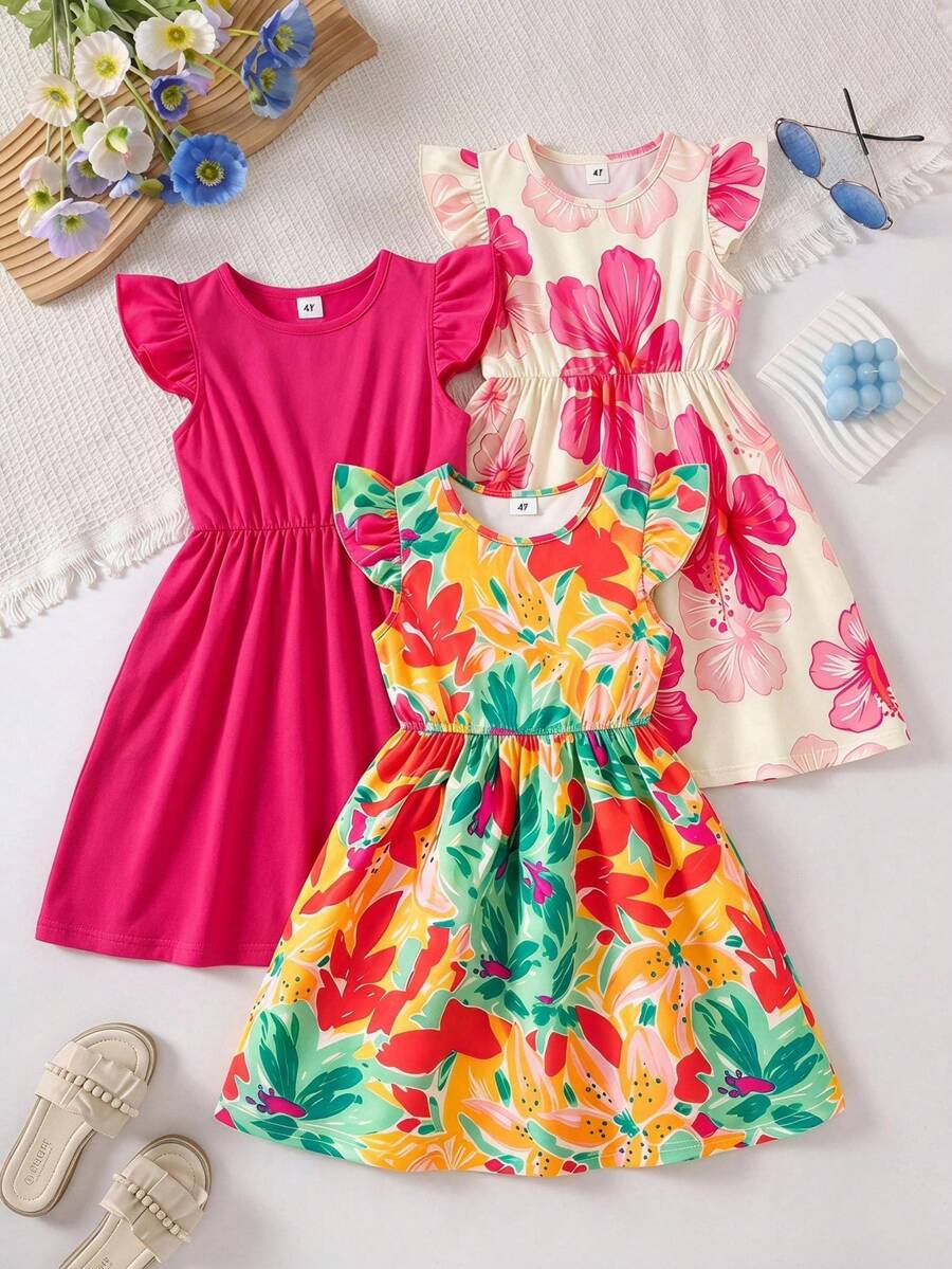 SHEIN 少女 3 件套 花卉印花 & 素色 荷葉袖 A 字裙,田園風,時尚可愛,適合夏季外出 - 彩色 - 查看 1