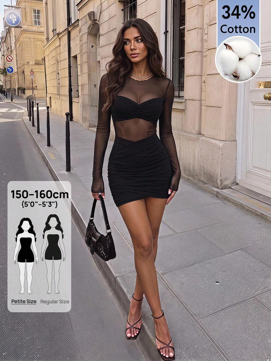 SHEIN PETITE 女款素色對比網格百褶性感迷你洋裝 - 黑色 - 查看 1