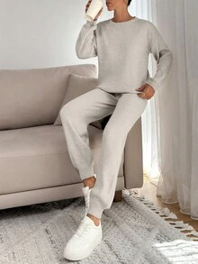 EURMUSE WOMEN SOFT TOUCH SWEATER AND SWEATER PANT TWO                          PİECE OUTFİT CO-ORDS  COOL - Beige - View 1