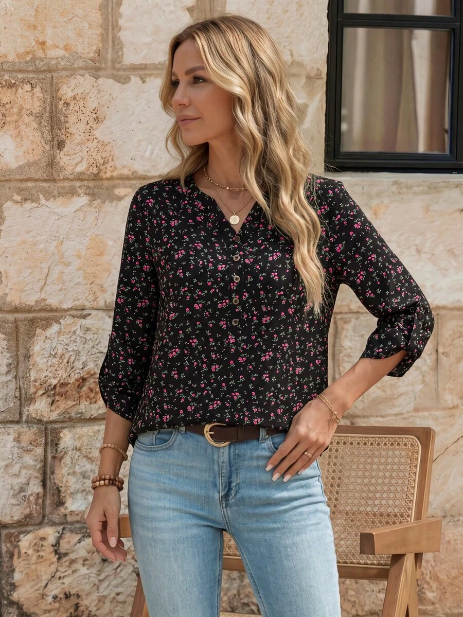 EMERY ROSE Kemeja Wanita Lengan Gulung Kasual Longgar Streetwear Motif Seluruh Permukaan untuk Aktivitas Sehari-hari