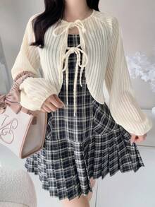 FRIFUL Atasan Wanita Model Regular Berlapis dengan Kain Bertekstur Ribbed Korea Terbaru untuk Awal Musim Gugur, Model Ikat Depan, dan Model Lucu. - Aprikot - View 4