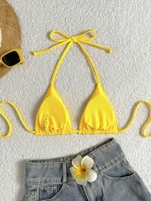 Swim Basics Summer Beach Halter Triangle Bikini Top - Yellow - View 2
