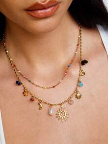 Kryxie 1pc 18K Gold Plated Stainless Steel Multi-Layer Colorful Necklace, Sun, Starfish, Heart Design Pendant, Titanium Steel Necklace - Multicolor - View 4