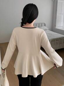 Dazy Plus Contrast Color Ribbed Long Sleeve Cinched Waist Loose Casual Slimming Versatile Spring Summer Autumn T-Shirt - Apricot - View 8