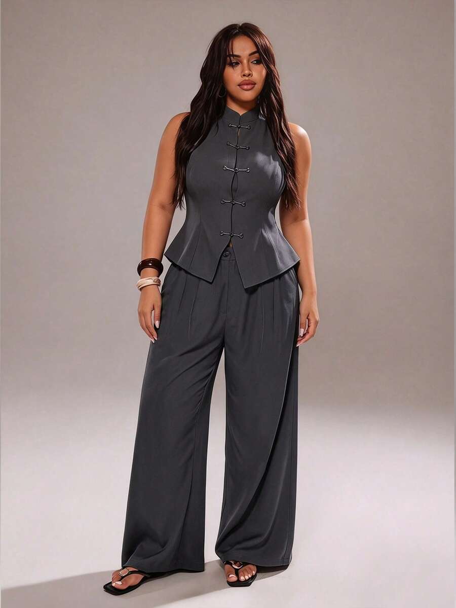 Rustia Plus Size Women Summer Thin Waist-Cinched Chinese-Style Suit Set - Grey - View 1