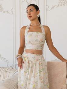 Andrea Bello Women's Ditsy Floral Backless Top And Skirt Set, Summer Outfit Elegant - Apricot - View 3