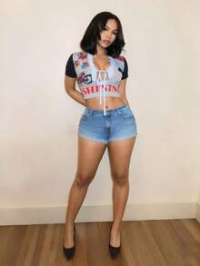 BamGleam 女款性感街頭風 2000s Y2K 綁帶汽車印花藝術字體 T-shirt，適合音樂節、演唱會、外出夜生活，灰色夏季款 - 灰色 - 查看 5