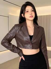Joudiya 女款棕色PU皮革機車夾克，休閒街頭風戶外短夾克，秋季 - 棕色 - 查看 2