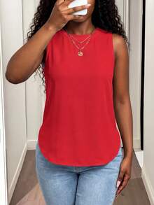 BamGleam 1pc Women's Solid Color Round Neck Side Slit Hem Casual Tank Top,Work Outfits For Women ,Work Tops For Women,Red Top - Red - View 4