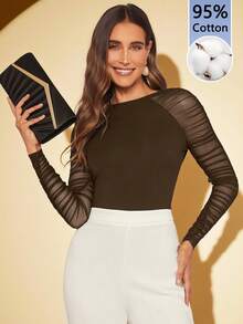Amorya Women's Fashion Versatile Pleated Mesh Patchwork Top For Commute - Coffee Brown - View 8