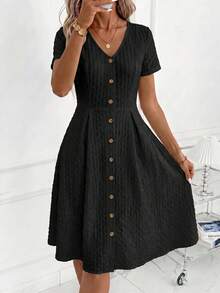 SHEIN Clasi Jacquard Front Button Dress, Suitable For Daily Wear - Black - View 2