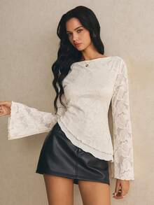 SHEIN Tall CURVE Kaos Asimetris Berbahan Jacquard Prancis Ukuran Besar dengan Hiasan Rumbai untuk Musim Gugur - Aprikot - View 3
