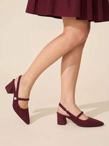 CUCCOO BASICS 時尚經典飛織透氣舒適通勤派對宴會尖頭粗高跟女鞋 Slingback 露跟高跟鞋 - 酒紅色 - 查看 5