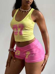 Maweii Plus Size Women Sexy Holiday Yellow & Pink Letter Print Low Neck Camisole And Matching Shorts 2 Pieces Set - Multicolor - View 3