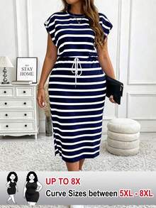 SHEIN CURVE+ Gaun Kasual Midi Bergaris Ukuran Besar, Leher Bulat, Lengan Pendek, Pas Badan, Belahan, Tali Serut, Pakaian Musim Gugur/Dingin Wanita, Cocok untuk Dipakai di Musim Panas - Biru - View 2