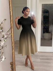 SHEIN Lady Plus Size Fashion Gradient Color Round Neck Short Sleeve Vacation Dress - Multicolor - View 5
