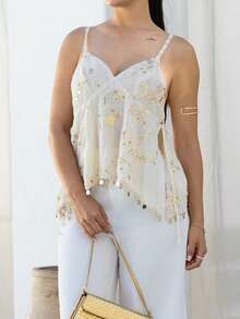 Andrea Bello Women's Sequined Ruffle Hem Elegant Camisole Casual White - White - View 4