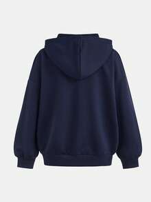 SHEIN Tween Girl Autumn/Winter Street Tween Girl Vintage Print Hooded Long Sleeve Sweatshirt, Suitable For Daily, Back To School, Commuting - Navy Blue - View 2