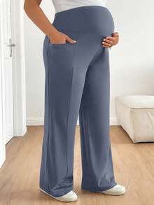 Plussiva Plus Size Maternity Solid Color Adjustable Waistband Pants With Pockets - Grey - View 8