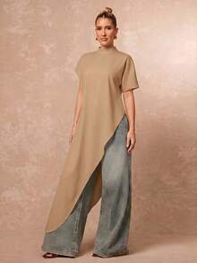 Lumalex Women's Solid Color Split Design Casual Daily Long Top - Khaki - View 9