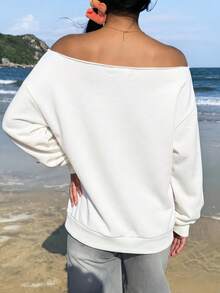 SHEIN EZwear 女款露肩寬鬆休閒長袖衛衣，街頭風英文圖案印花 - 白色 - 查看 4